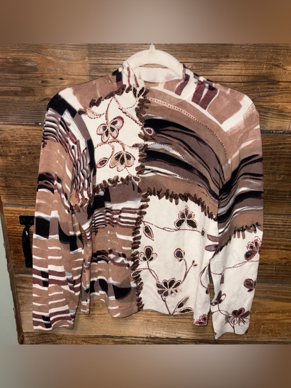 Vintage Alberto Makali Patchwork Crewneck Sweater - beaded and laced ribbon